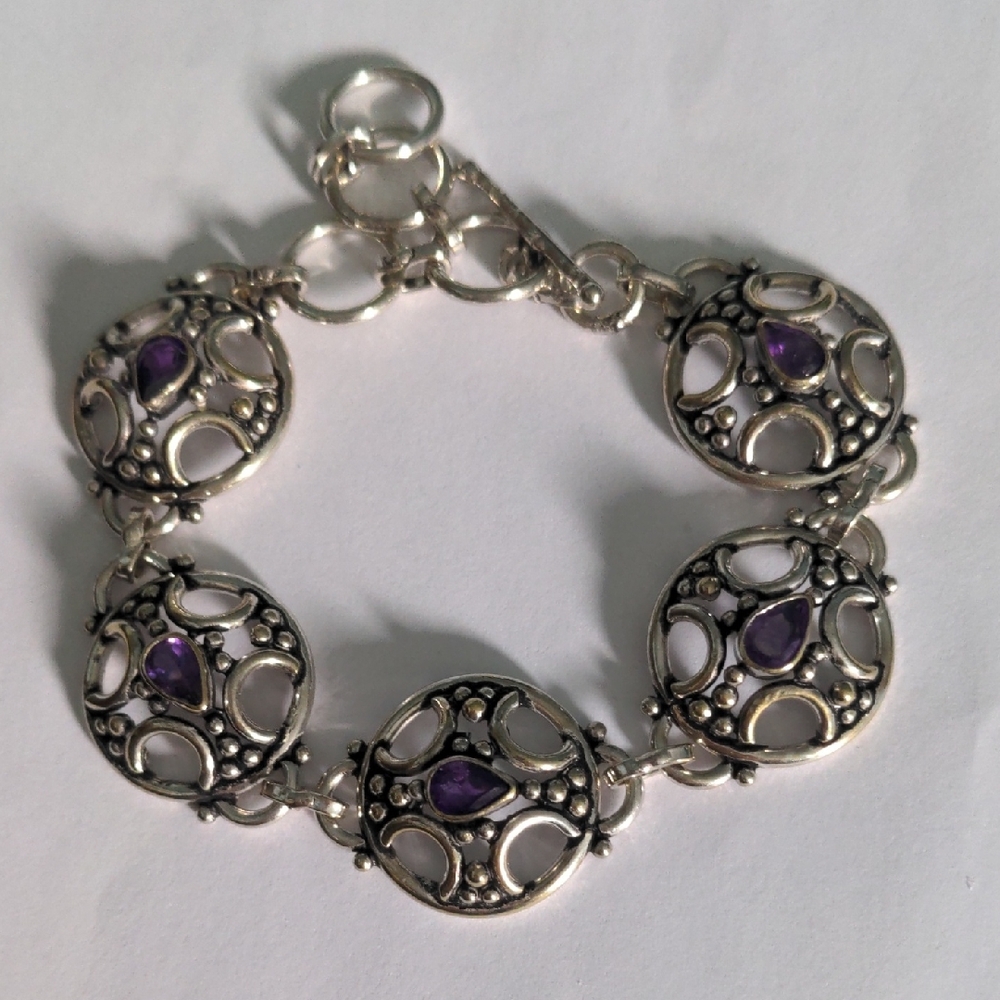 Vintage Sterling Silver Purple Amethyst Bracelet, Bali, Adjustable 6 1/2" To 8"